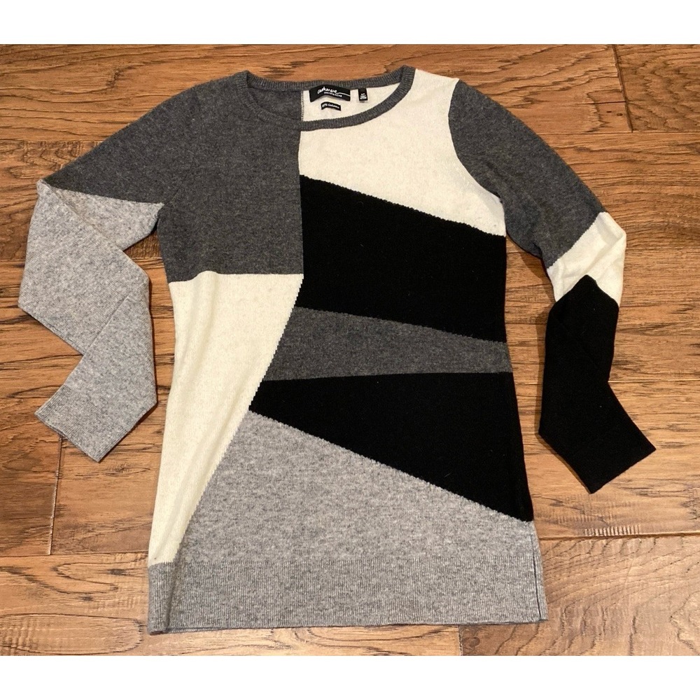 Saks Fifth Avenue‎ 100% Cashmere Colorblock Sweater Gray Black White Sz S/P